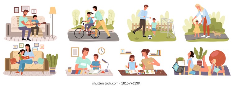 Conjunto de iconos plano vectorial de estilo de vida familiar. Atención, confianza y apoyo entre padres e hijos. Educar y enseñar a los niños. La madre de los padres jóvenes se divierte enseñando a los niños. Ayuda primaria