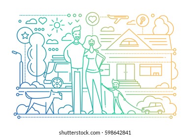 Family life - vector modern simple line flat design city composition with a happy family - color gradient