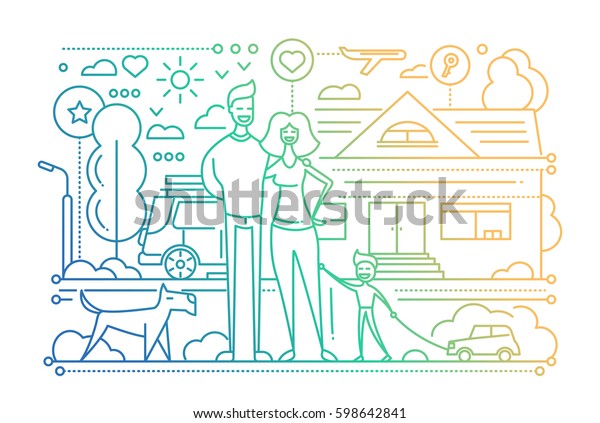 Family life - vector\
modern simple line flat design city composition with a happy family\
- color gradient