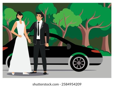 Family lifestyle activity concept. A bride and groom stand together outside a car amidst a lush green forest backdrop. Flat vector modern illustration 