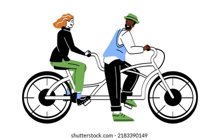 Family lifestyle activity. Elderly couple ride bike and spend time together. Happy grandparents lead active lifestyle. Romance and love in old age. Cartoon flat vector illustration in doodle style