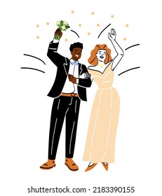 Family Lifestyle Activity. Happy Bride And Groom At Wedding Ceremony. Young Couple Getting Married. Man And Woman In Black Suit And White Dress Love Each Other. Cartoon Flat Vector Illustration