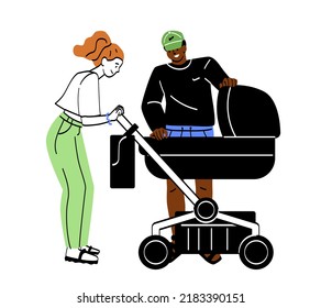 Family lifestyle activity. Happy couple walks with their newborn baby in stroller. Young parents love child. Mother and father with son or daughter. Cartoon flat vector illustration in doodle style