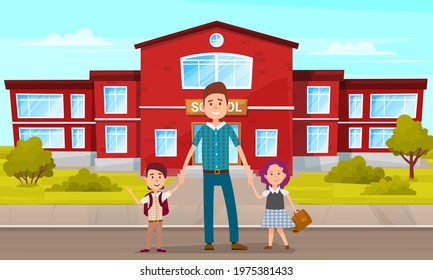 Family lifestyle. Father take their children to school in morning. Happy kids with backpacks go to school. Dad holds his son and daughter by hands stands near primary school building, fatherhood