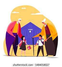 Family lifestyle. Happy grandmother and grandfather take their grandchildren to the school in the morning. A pupils children walking back to studying with their grandparents. Flat vector illustration