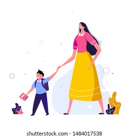 Family lifestyle. Happy mother take her child to the school in the morning. A boy pupil walking back to studying with his mother. Bright colorful family and concept cartoon. Flat vector illustration