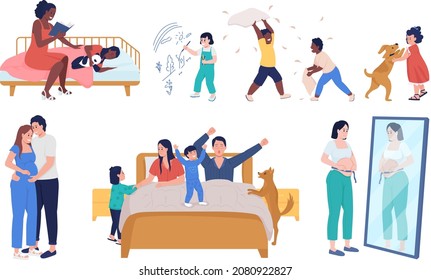 Family lifestyle semi flat color vector character set. Posing figures. Full body people on white. Lifestyle isolated modern cartoon style illustration for graphic design and animation collection