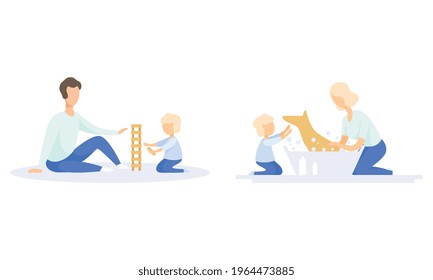 Family Lifestyle Set, Dad And Son Playing Together With Toy Blocks, Mom And Son Washing Their Dog Vector Illustration