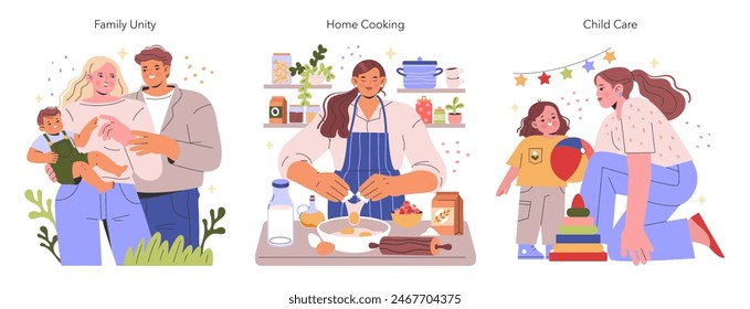 Family Lifestyle set. Illustration of domestic life showing unity, cooking, and child care. Parents nurturing relationships and managing household duties. Vector illustration.