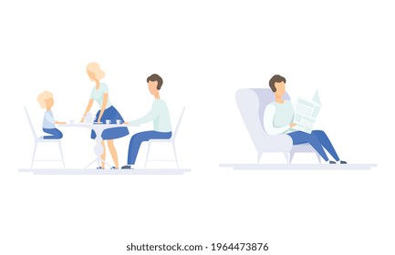 Family Lifestyle Set, Mom, Dad and Son Eating Together at Kitchen Table, Young Man Sitting in Armchair and Reading Newspaper Vector Illustration