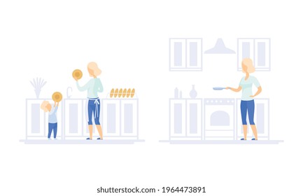 Family Lifestyle Set, Mom and Son Washing Dishes, Young Woman Cooking in the Kitchen Vector Illustration