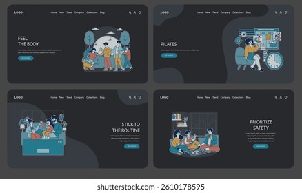 Family lifestyle set. Showcases various daily activities of a family at home, from exercising outdoors to enjoying games and routine tasks. Vector illustration.