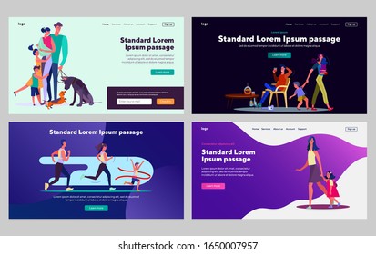 Family and lifestyle set. Walking together, hugging, jogging, drinking alcohol. Flat vector illustrations. Childhood, relationship, parenthood concept for banner, website design or landing web page