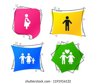 Family lifetime icons. Couple love, pregnancy and birth of a child symbols. Human male person sign. Geometric colorful tags. Banners with flat icons. Trendy design. Vector