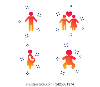 Family lifetime icons. Couple love, pregnancy and birth of a child symbols. Human male person sign. Random dynamic shapes. Gradient family icon. Vector