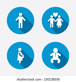 Family lifetime icons. Couple love, pregnancy and birth of a child symbols. Human male person sign. Circle concept web buttons. Vector