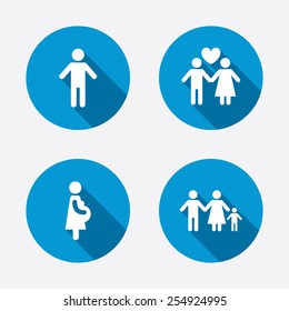Family lifetime icons. Couple love, pregnancy and birth of a child symbols. Human male person sign. Circle concept web buttons. Vector