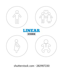 Family lifetime icons. Couple love, pregnancy and birth of a child symbols. Human male person sign. Linear outline web icons. Vector
