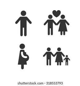 Family lifetime icons. Couple love, pregnancy and birth of a child symbols. Human male person sign. Flat icons on white. Vector