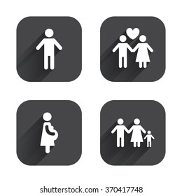 Family lifetime icons. Couple love, pregnancy and birth of a child symbols. Human male person sign. Square flat buttons with long shadow.