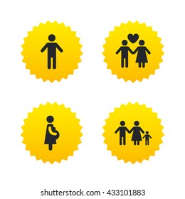 Family lifetime icons. Couple love, pregnancy and birth of a child symbols. Human male person sign. Yellow stars labels with flat icons. Vector