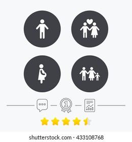 Family lifetime icons. Couple love, pregnancy and birth of a child symbols. Human male person sign. Chat, award medal and report linear icons. Star vote ranking. Vector