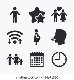 Family lifetime icons. Couple love, pregnancy and birth of a child symbols. Human male person sign. Wifi internet, favorite stars, calendar and clock. Talking head. Vector