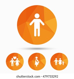 Family lifetime icons. Couple love, pregnancy and birth of a child symbols. Human male person sign. Triangular low poly buttons with shadow. Vector