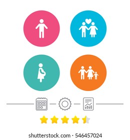 Family lifetime icons. Couple love, pregnancy and birth of a child symbols. Human male person sign. Calendar, cogwheel and report linear icons. Star vote ranking. Vector