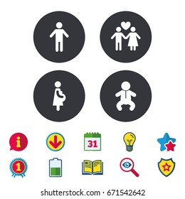 Family lifetime icons. Couple love, pregnancy and birth of a child symbols. Human male person sign. Calendar, Information and Download signs. Stars, Award and Book icons. Light bulb, Shield and Search