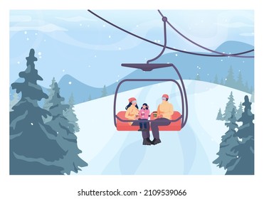 Family lifting up to a slope by ski lift. Winter ski resort, ski and snowboarding paths with ski lift. Snowy hills and forest scenery. December freezing weather. Flat vector illustration