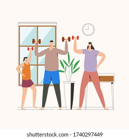 Family lifting weights in home, father mother and child do exercise activity for health family, flat vector illustration