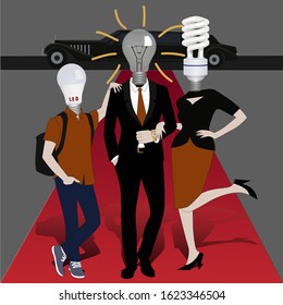 Family of light bulbs on the red carpet against the background of a limousine; Vector illustration