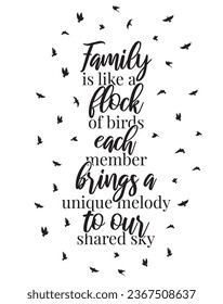 Family is like a flock of birds each member brings a unique melody to our shared sky, vector, wording design, lettering. Wall decals, wall artwork, poster design isolated on white background