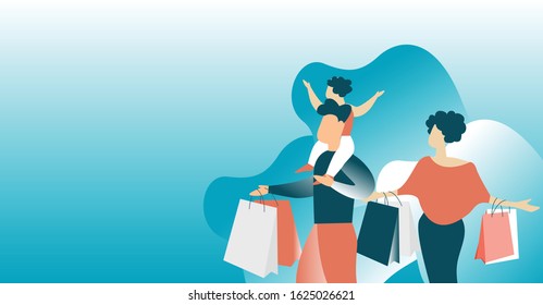The family likes to have fun shopping, carrying the bags back and walking, happy hands together.