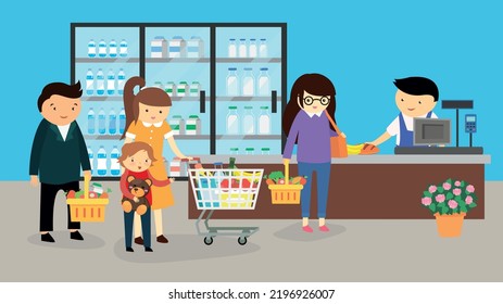 Family in line at the checkout in the supermarket