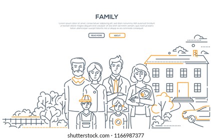 Family - Line Design Style Banner On White Background With Place For Your Text. High Quality Composition With A Young Couple Standing With Three Small Children And Parents, Nice House, Car, Trees