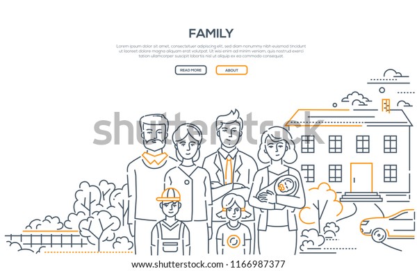 Family - line design style banner on white\
background with place for your text. High quality composition with\
a young couple standing with three small children and parents, nice\
house, car, trees