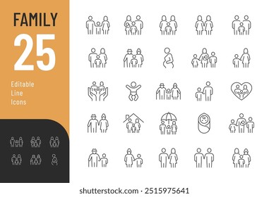 Editierbare Symbole für die Familienzeile. Vektorgrafik in dünner Linie modernen Stil der Elternschaft verwandte Symbole: Eltern, Großeltern, Kinder, Adoption und mehr. Einzeln auf Weiß