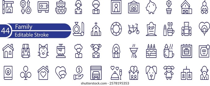 Family Line Editable Icons set. Vector illustration in thin line modern style of parenthood related icons , parents, grandparents, children, adoption, and more