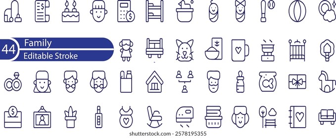 Family Line Editable Icons set. Vector illustration in thin line modern style of parenthood related icons , parents, grandparents, children, adoption, and more