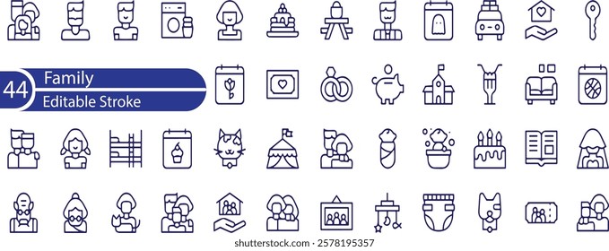 Family Line Editable Icons set. Vector illustration in thin line modern style of parenthood related icons , parents, grandparents, children, adoption, and more