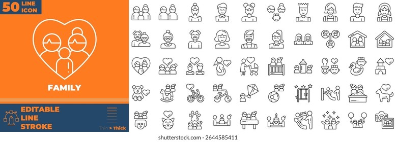 Family Line Editable Icons set. Vector illustration in modern thin line style of family icons: parents, mother, father, children, etc