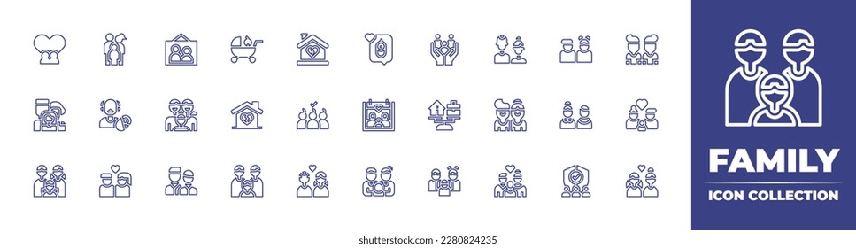 Family line icon collection. Editable stroke. Vector illustration. Containing couple, family, picture, child, broken heart, birth, parents, brothers, grandfather, home, balance, single father.