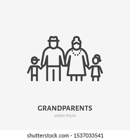 Family line icon, vector pictogram of grandparents with grandchildren. Young boy and girl with elderly relatives, guardian illustration, people sign.