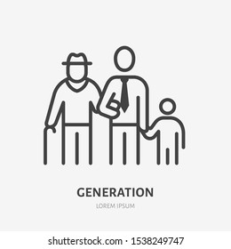 Family line icon, vector pictogram of three male generations - grandfather, father, son. Young boy with older relatives illustration, people sign.