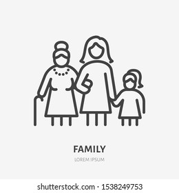 Family line icon, vector pictogram of three female generations - grandmother, mother, daugther. Young girl with older relatives illustration, people sign.