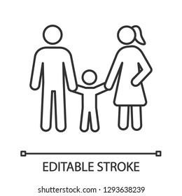 Family linear icon. Thin line illustration. Woman, man, child. Positive parenting. Childcare. Happy parenthood. Father, mother, baby. Contour symbol. Vector isolated outline drawing. Editable stroke