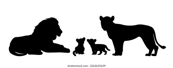 Family of lions lie resting. African savanna predator. Silhouette picture. Dangerous animal in natural conditions. Isolated on white background. Vector.