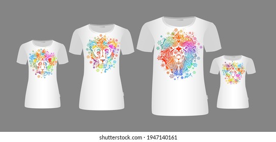 Family of lions stylized faces. T-shirt prints. Family look. Vector illustration